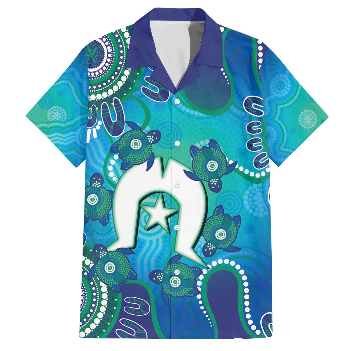 Torres Strait Islanders Flag Day Family Matching Off The Shoulder Long Sleeve Dress and Hawaiian Shirt Dhari With Turtles Aboriginal Art