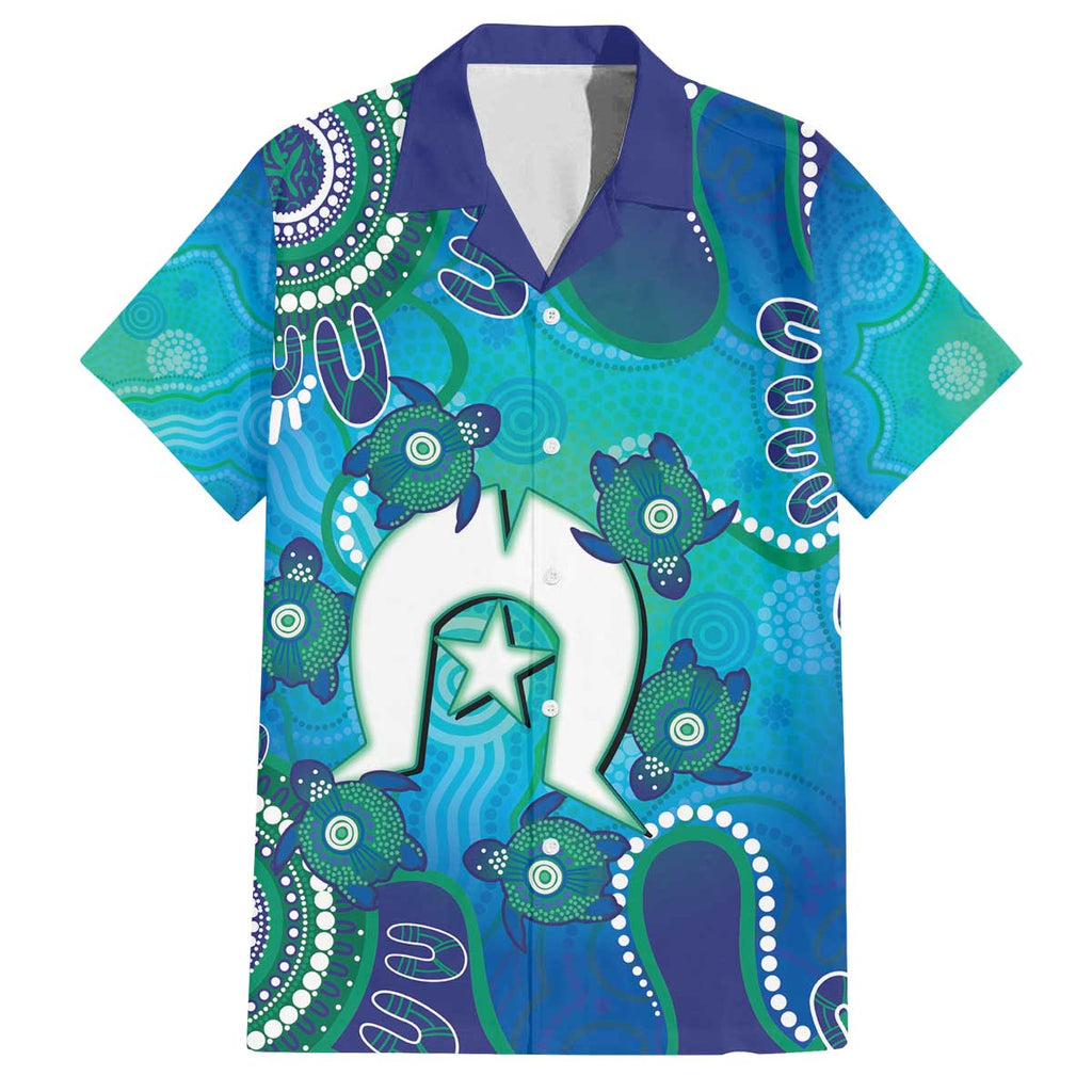 Torres Strait Islanders Flag Day Family Matching Off The Shoulder Long Sleeve Dress and Hawaiian Shirt Dhari With Turtles Aboriginal Art