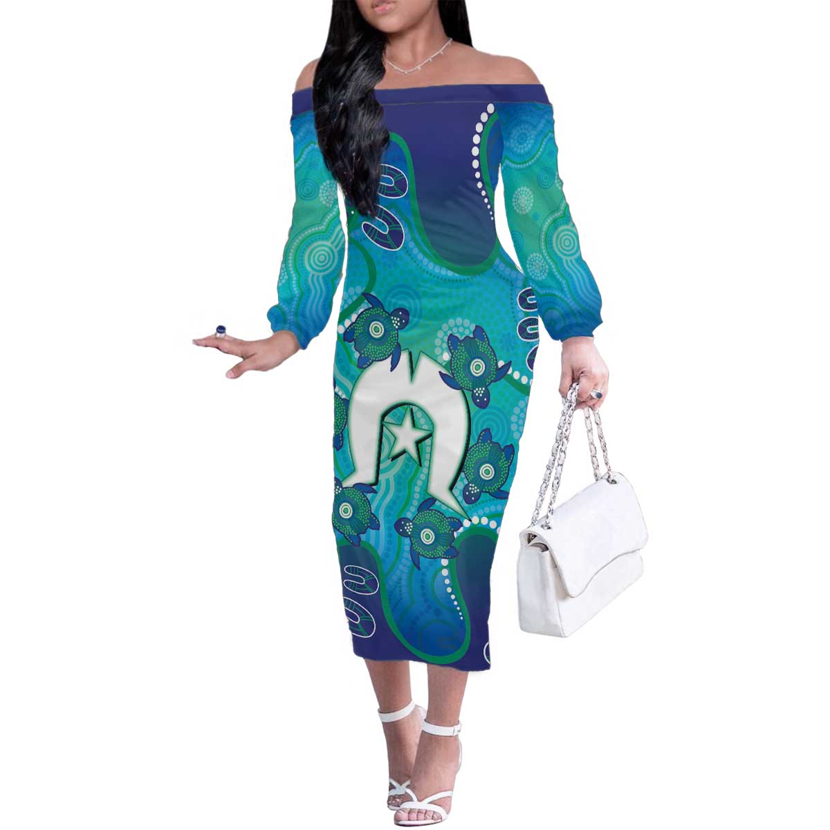 Torres Strait Islanders Flag Day Family Matching Off The Shoulder Long Sleeve Dress and Hawaiian Shirt Dhari With Turtles Aboriginal Art