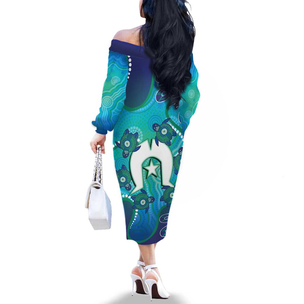Torres Strait Islanders Flag Day Family Matching Off The Shoulder Long Sleeve Dress and Hawaiian Shirt Dhari With Turtles Aboriginal Art