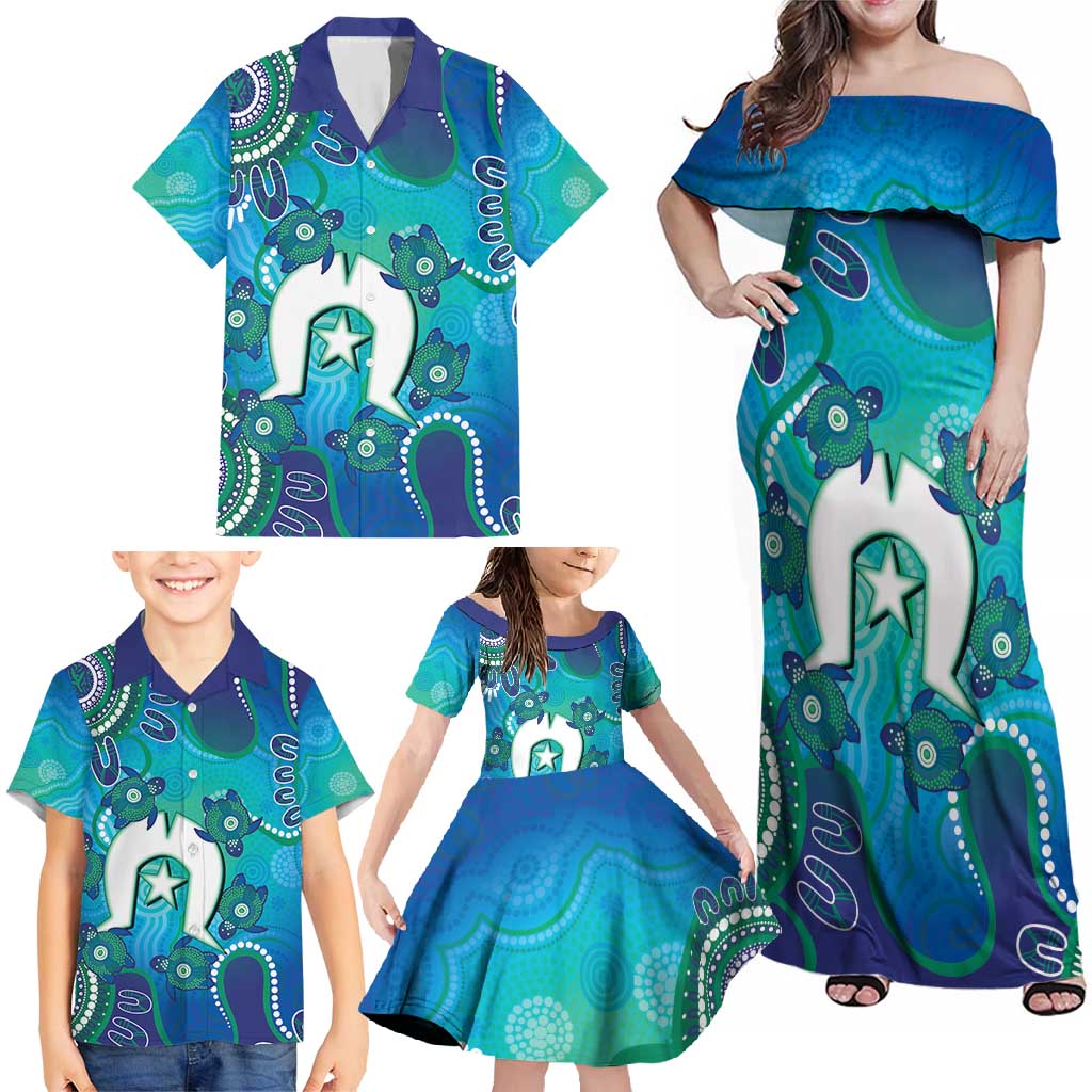 Torres Strait Islanders Flag Day Family Matching Off Shoulder Maxi Dress and Hawaiian Shirt Dhari With Turtles Aboriginal Art