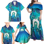 Torres Strait Islanders Flag Day Family Matching Off Shoulder Maxi Dress and Hawaiian Shirt Dhari With Turtles Aboriginal Art