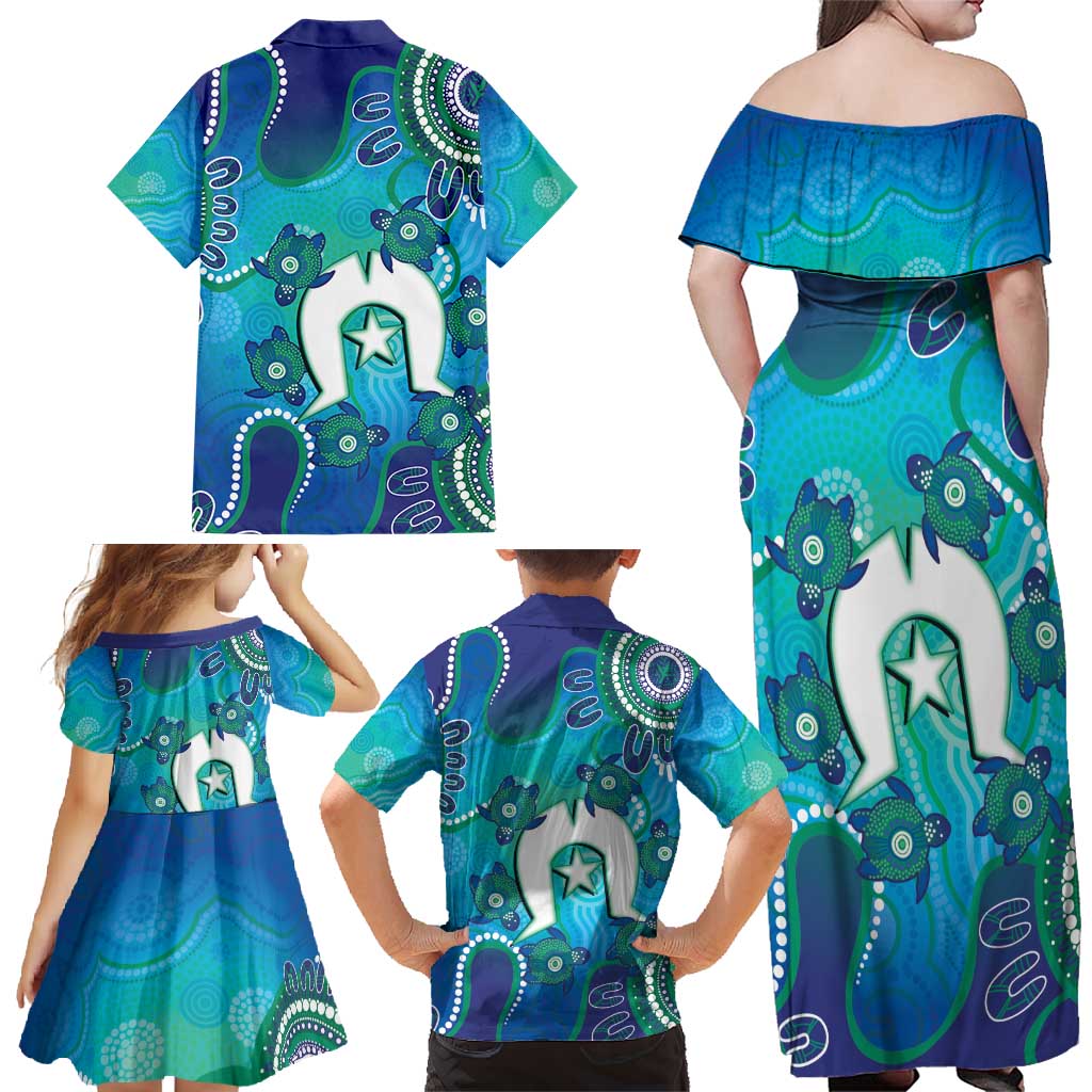 Torres Strait Islanders Flag Day Family Matching Off Shoulder Maxi Dress and Hawaiian Shirt Dhari With Turtles Aboriginal Art