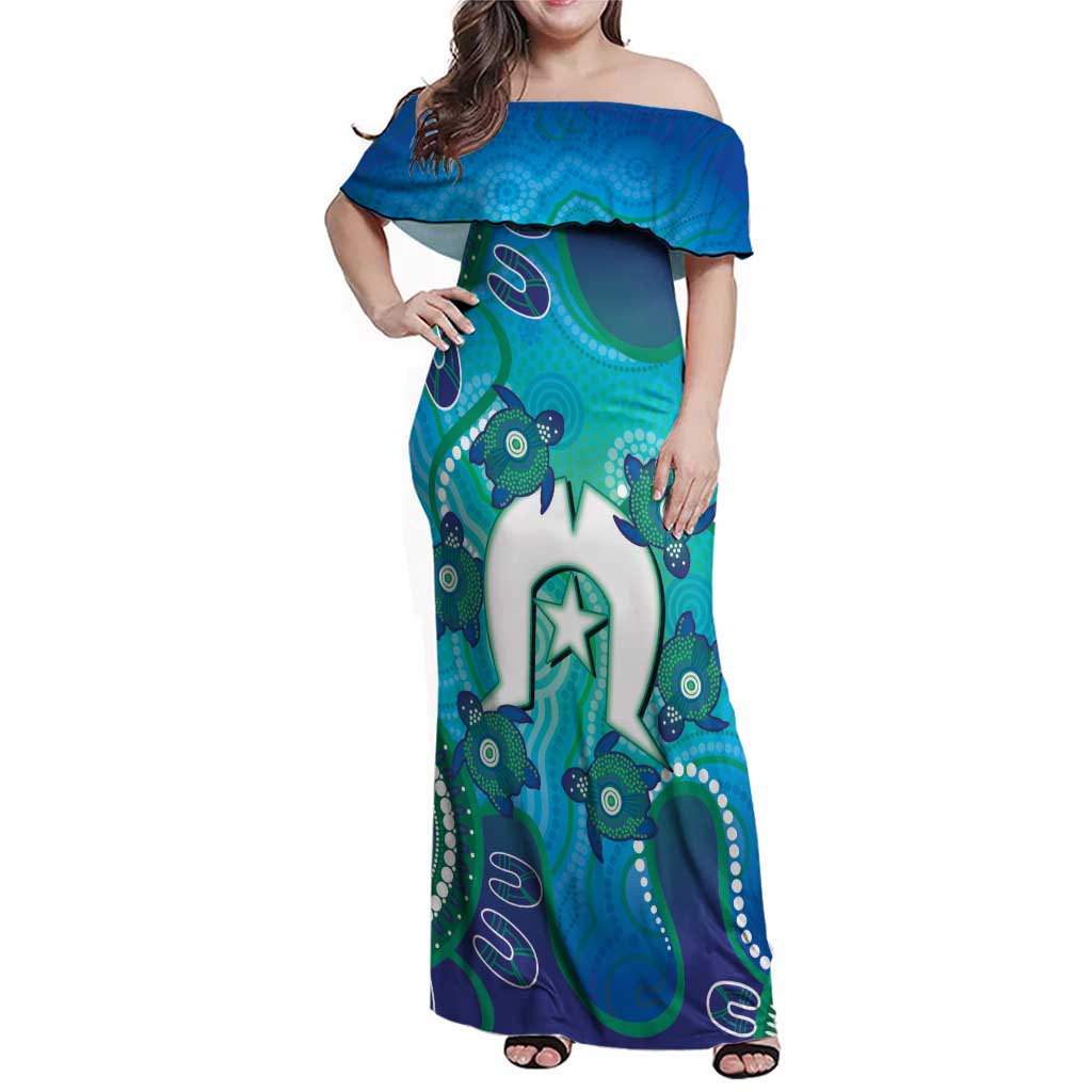 Torres Strait Islanders Flag Day Family Matching Off Shoulder Maxi Dress and Hawaiian Shirt Dhari With Turtles Aboriginal Art