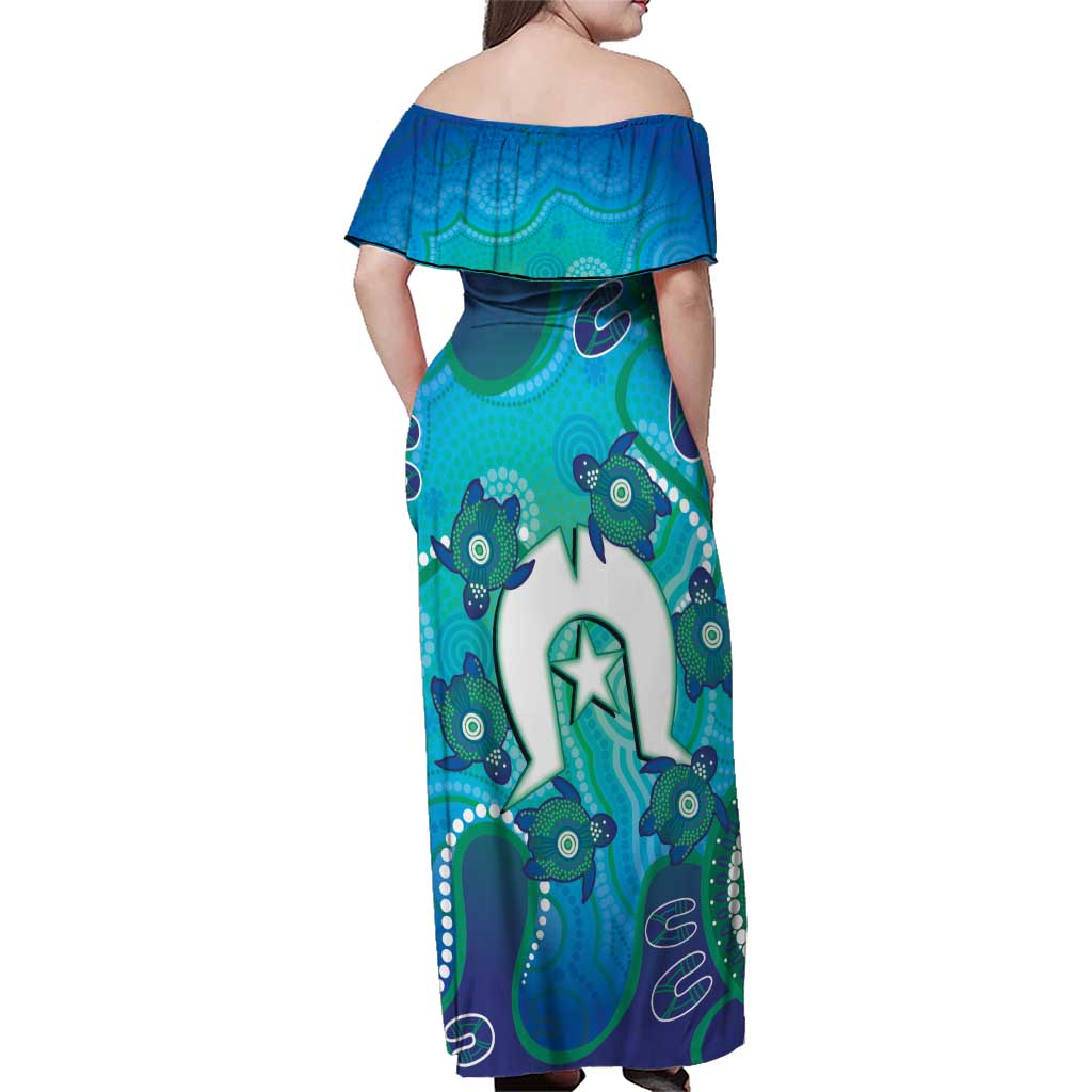 Torres Strait Islanders Flag Day Family Matching Off Shoulder Maxi Dress and Hawaiian Shirt Dhari With Turtles Aboriginal Art