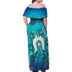 Torres Strait Islanders Flag Day Family Matching Off Shoulder Maxi Dress and Hawaiian Shirt Dhari With Turtles Aboriginal Art