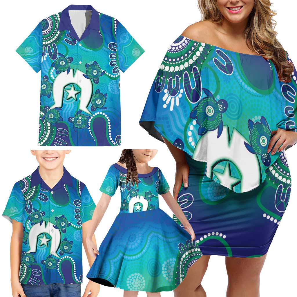Torres Strait Islanders Flag Day Family Matching Off Shoulder Short Dress and Hawaiian Shirt Dhari With Turtles Aboriginal Art