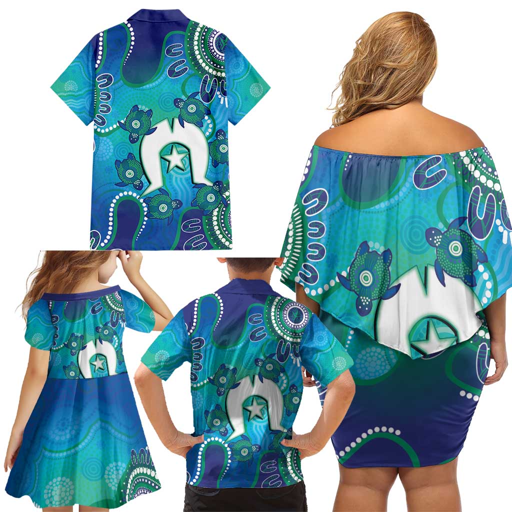 Torres Strait Islanders Flag Day Family Matching Off Shoulder Short Dress and Hawaiian Shirt Dhari With Turtles Aboriginal Art