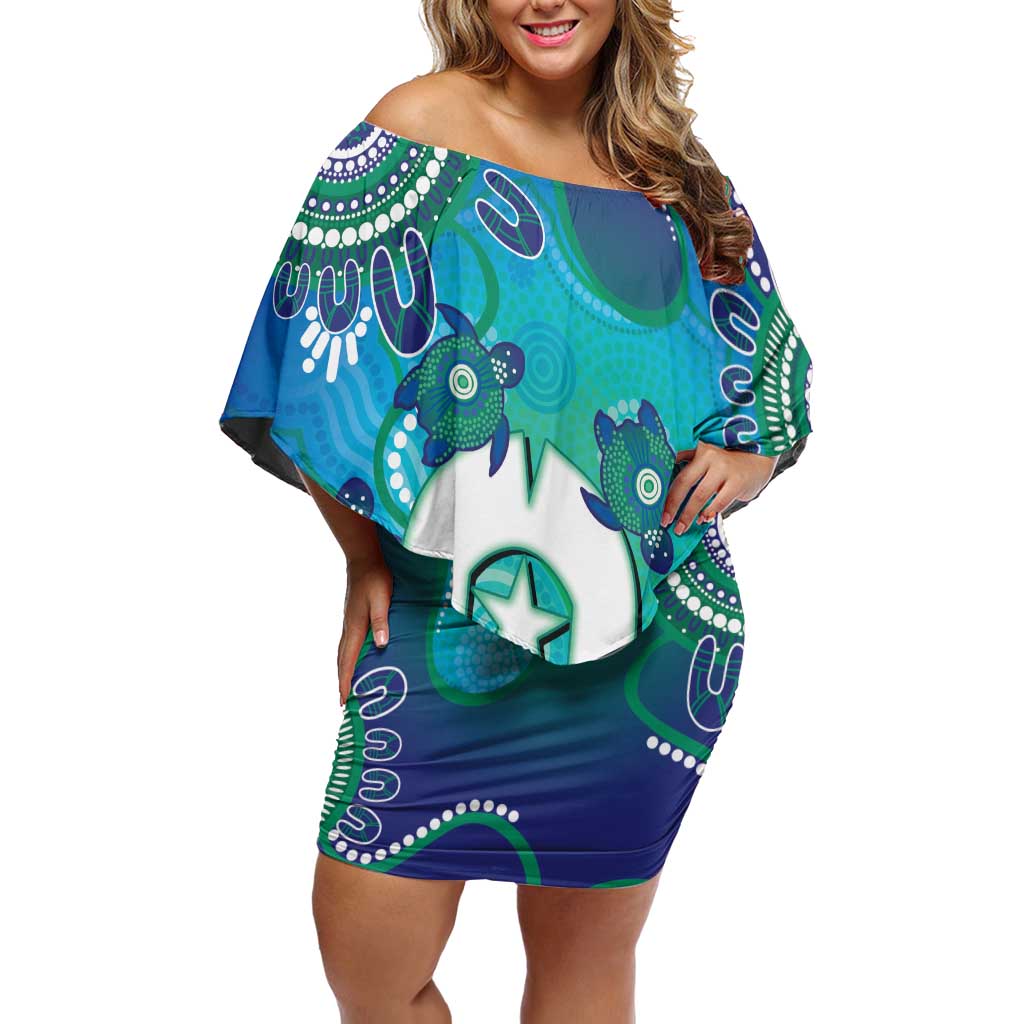 Torres Strait Islanders Flag Day Family Matching Off Shoulder Short Dress and Hawaiian Shirt Dhari With Turtles Aboriginal Art