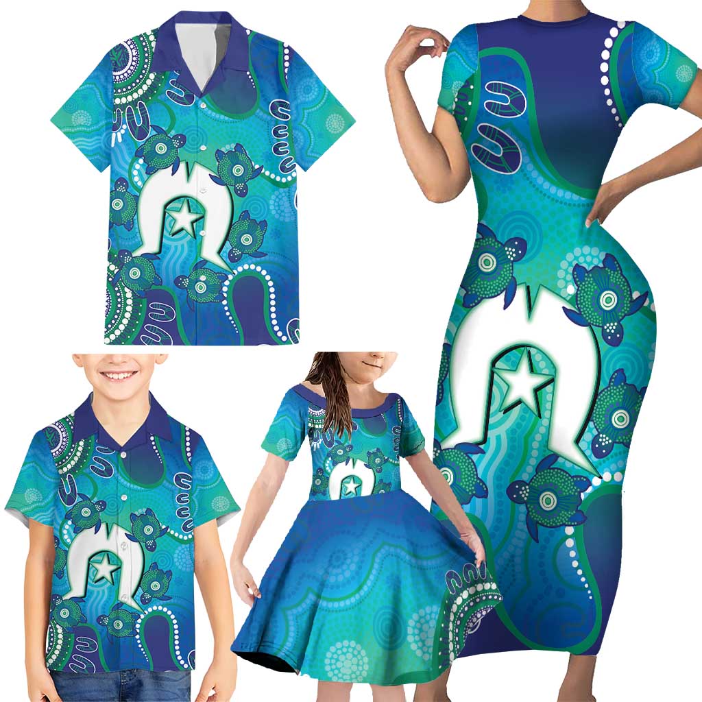 Torres Strait Islanders Flag Day Family Matching Short Sleeve Bodycon Dress and Hawaiian Shirt Dhari With Turtles Aboriginal Art
