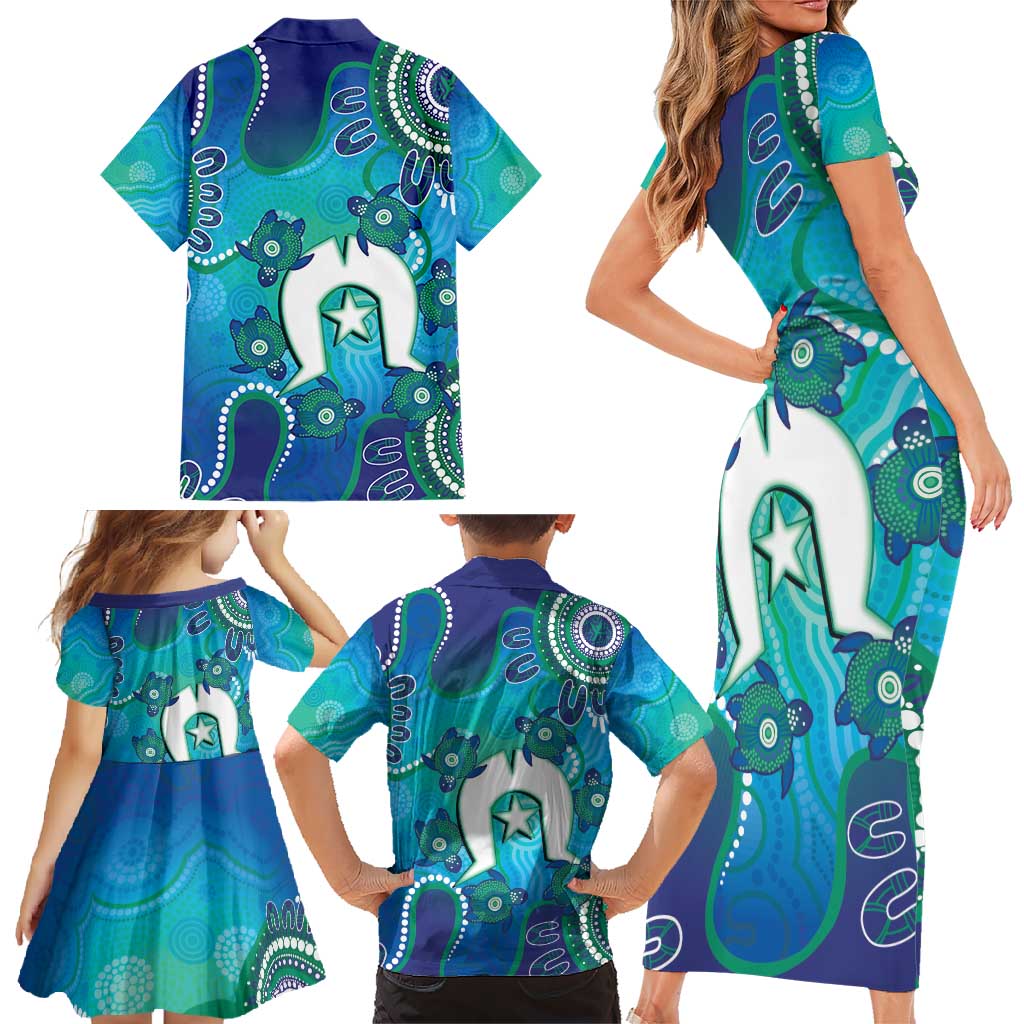 Torres Strait Islanders Flag Day Family Matching Short Sleeve Bodycon Dress and Hawaiian Shirt Dhari With Turtles Aboriginal Art