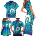 Torres Strait Islanders Flag Day Family Matching Short Sleeve Bodycon Dress and Hawaiian Shirt Dhari With Turtles Aboriginal Art