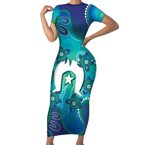 Torres Strait Islanders Flag Day Family Matching Short Sleeve Bodycon Dress and Hawaiian Shirt Dhari With Turtles Aboriginal Art