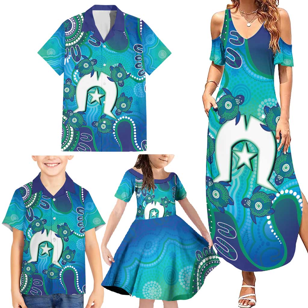 Torres Strait Islanders Flag Day Family Matching Summer Maxi Dress and Hawaiian Shirt Dhari With Turtles Aboriginal Art
