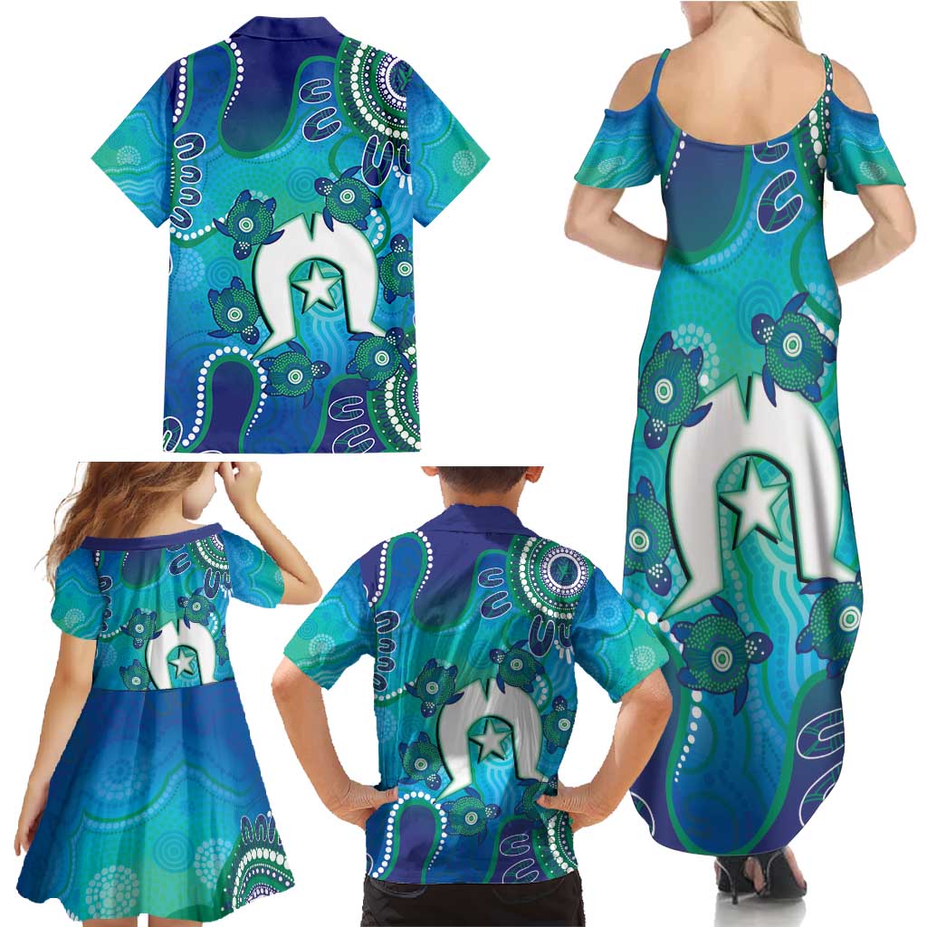 Torres Strait Islanders Flag Day Family Matching Summer Maxi Dress and Hawaiian Shirt Dhari With Turtles Aboriginal Art