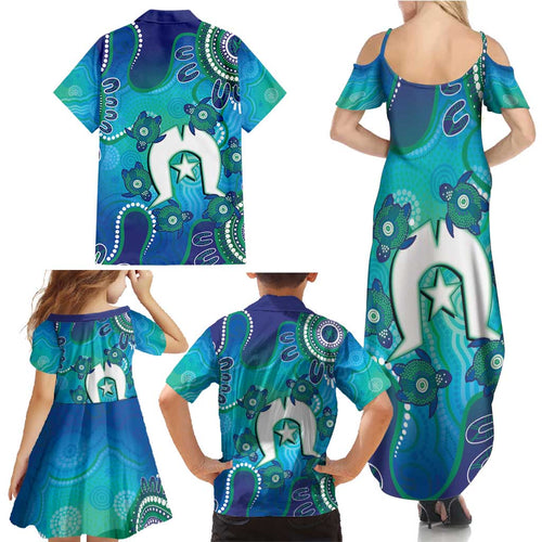 Torres Strait Islanders Flag Day Family Matching Summer Maxi Dress and Hawaiian Shirt Dhari With Turtles Aboriginal Art