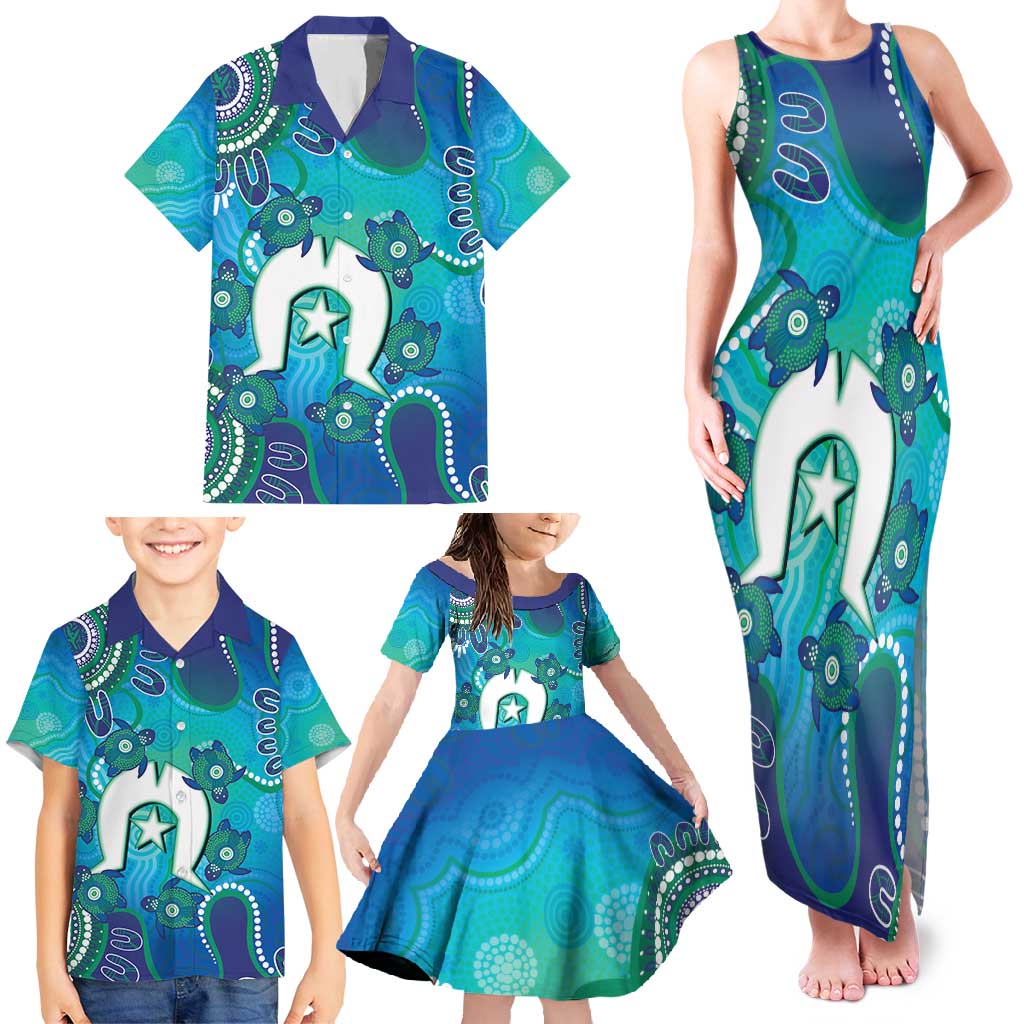 Torres Strait Islanders Flag Day Family Matching Tank Maxi Dress and Hawaiian Shirt Dhari With Turtles Aboriginal Art