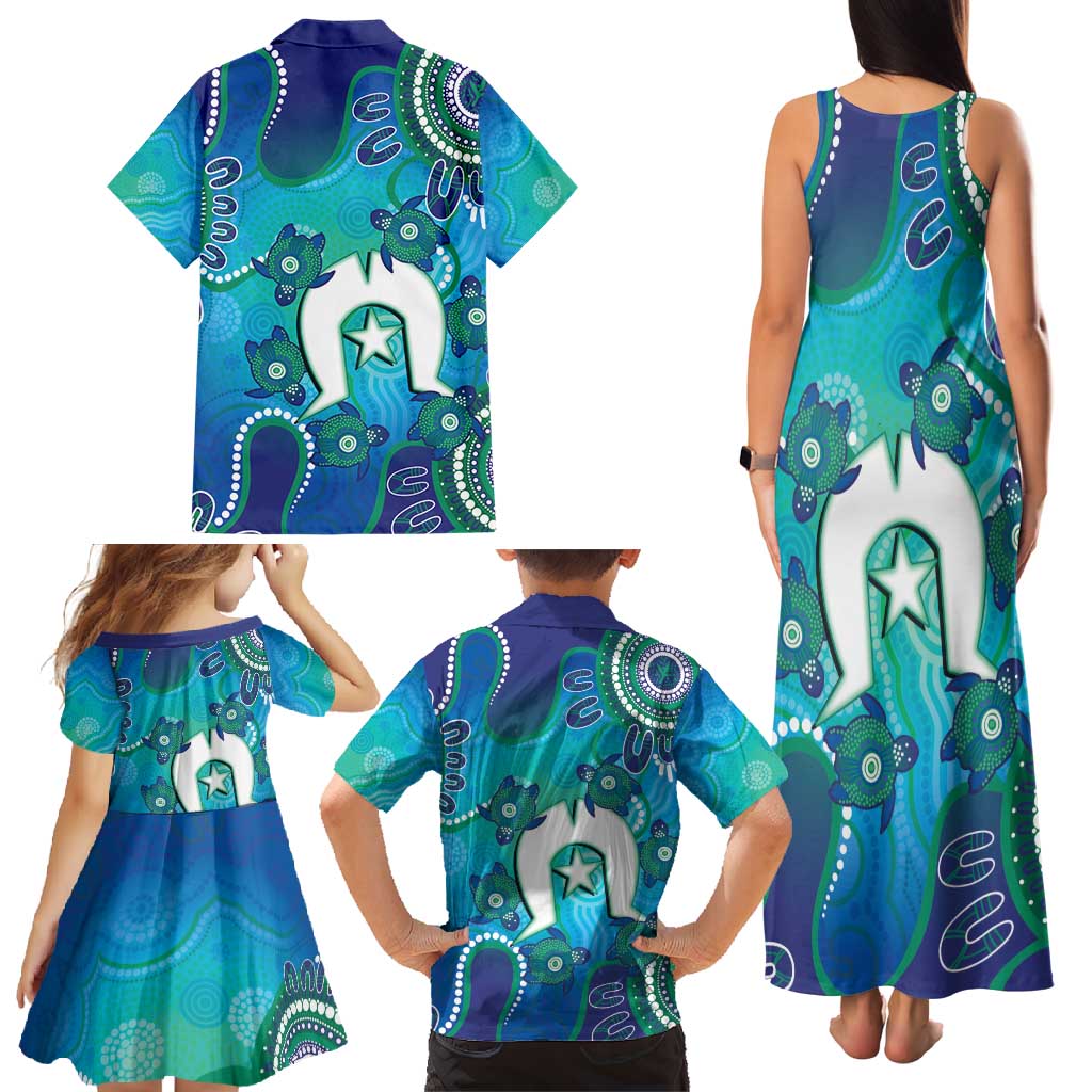 Torres Strait Islanders Flag Day Family Matching Tank Maxi Dress and Hawaiian Shirt Dhari With Turtles Aboriginal Art