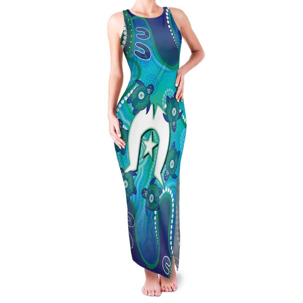 Torres Strait Islanders Flag Day Family Matching Tank Maxi Dress and Hawaiian Shirt Dhari With Turtles Aboriginal Art