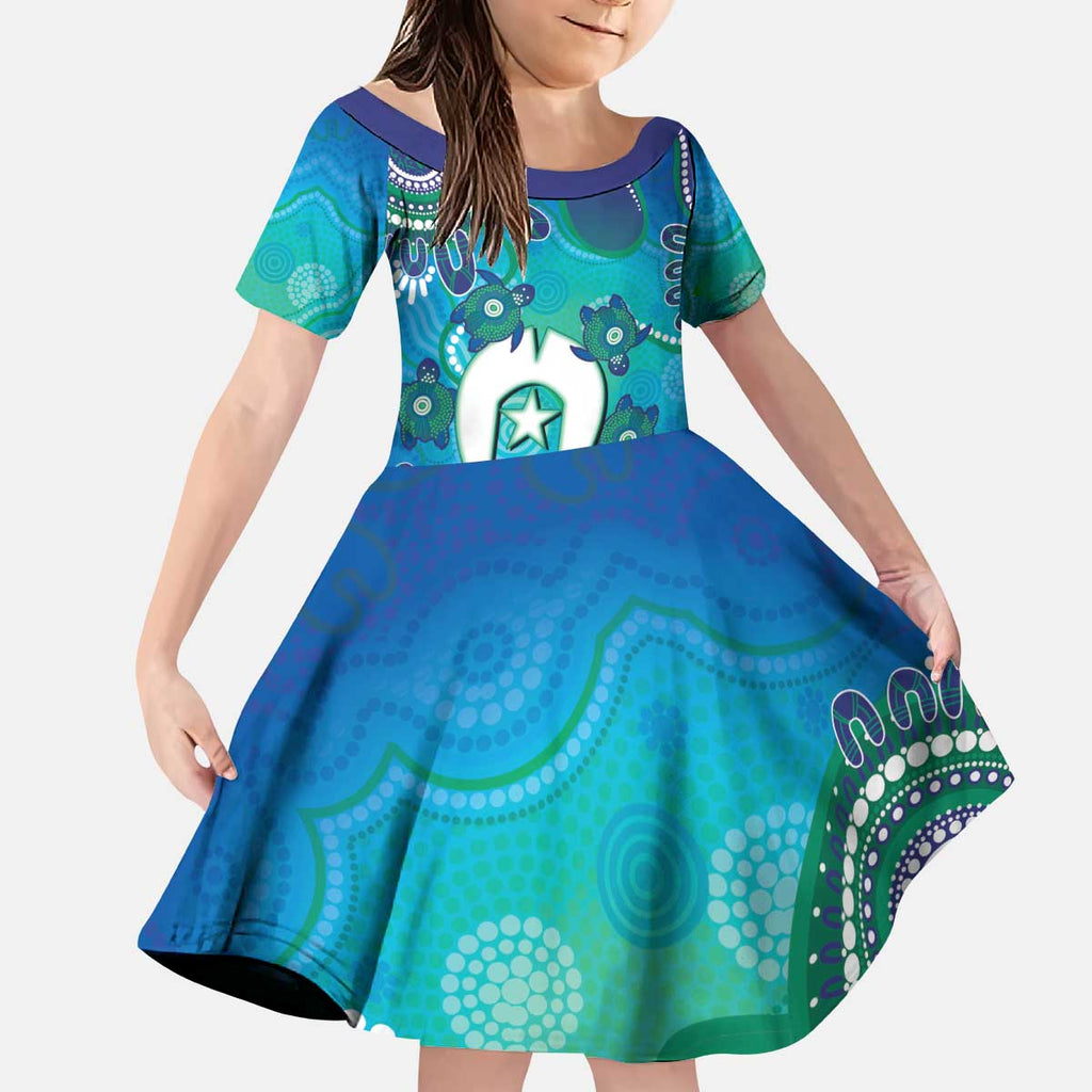 Torres Strait Islanders Flag Day Kid Short Sleeve Dress Dhari With Turtles Aboriginal Art