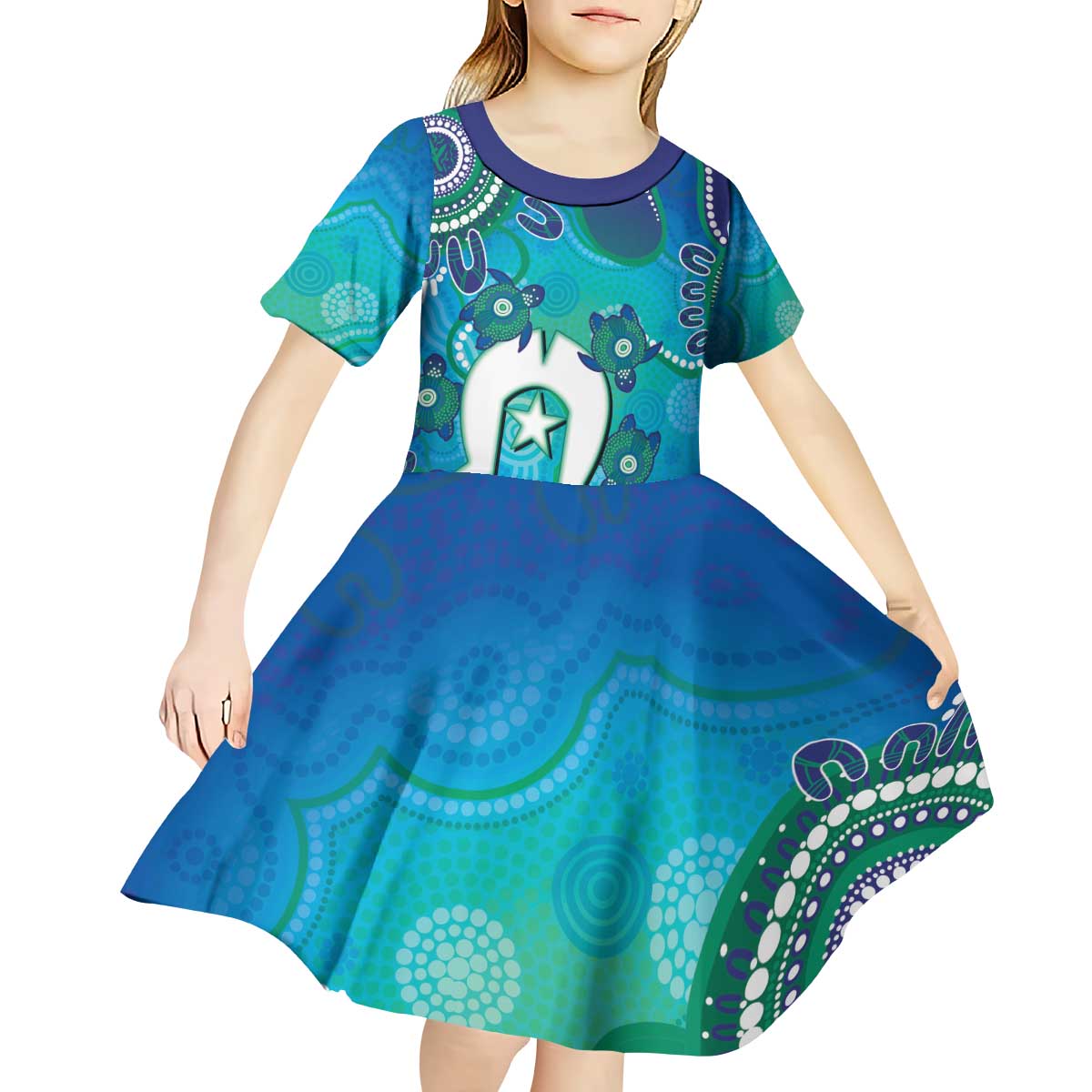 Torres Strait Islanders Flag Day Kid Short Sleeve Dress Dhari With Turtles Aboriginal Art