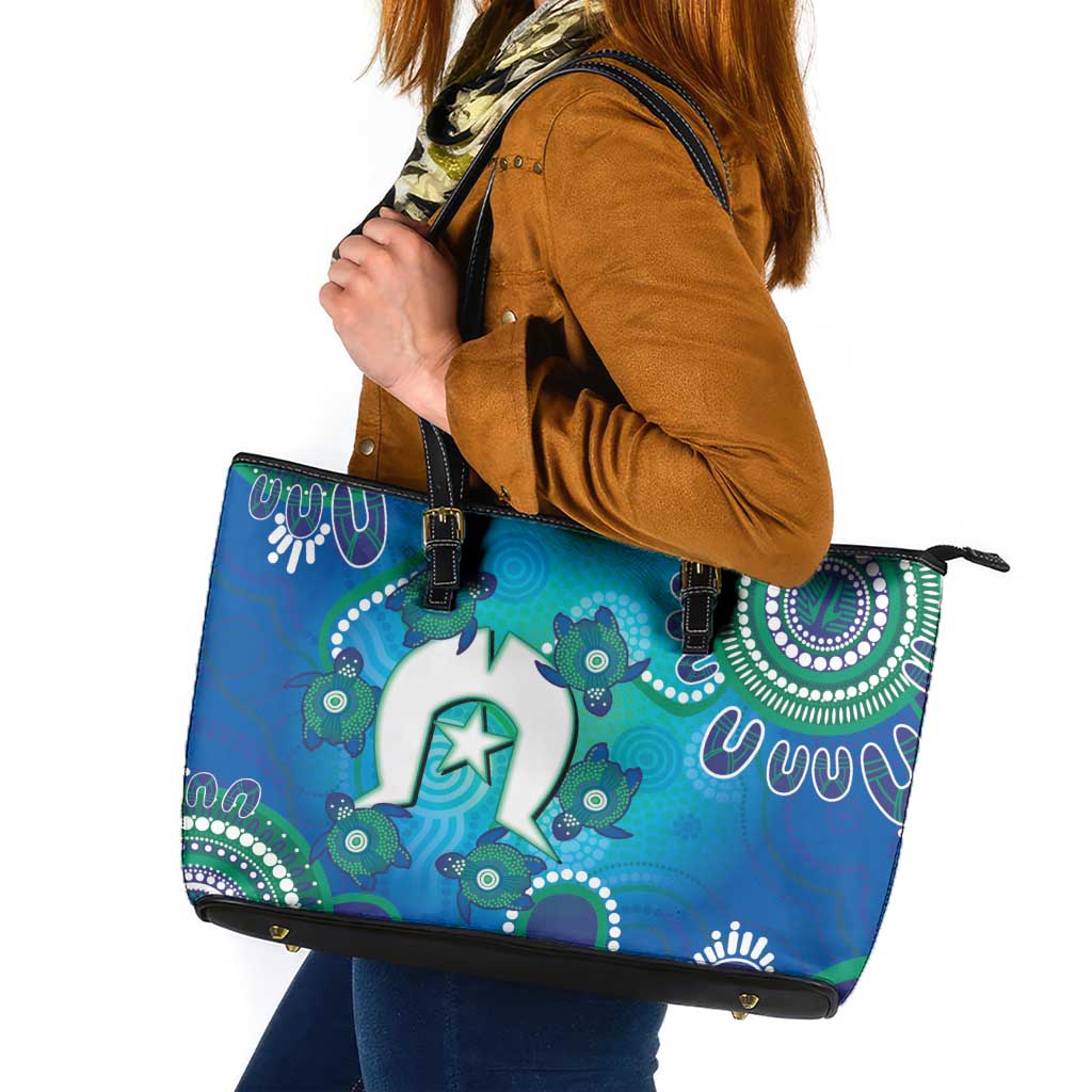 Torres Strait Islanders Flag Day Leather Tote Bag Dhari With Turtles Aboriginal Art