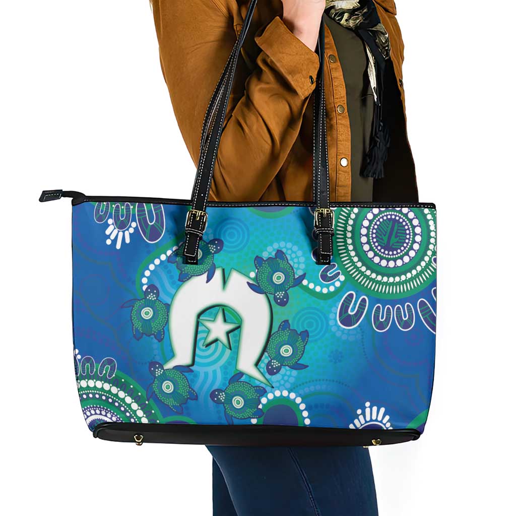 Torres Strait Islanders Flag Day Leather Tote Bag Dhari With Turtles Aboriginal Art