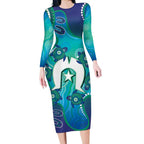 Torres Strait Islanders Flag Day Long Sleeve Bodycon Dress Dhari With Turtles Aboriginal Art
