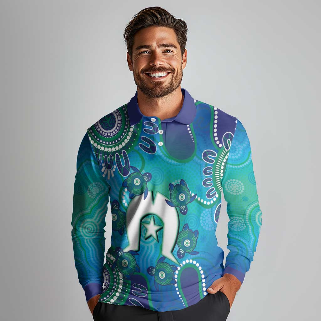 Torres Strait Islanders Flag Day Long Sleeve Polo Shirt Dhari With Turtles Aboriginal Art