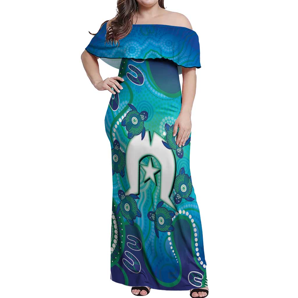 Torres Strait Islanders Flag Day Off Shoulder Maxi Dress Dhari With Turtles Aboriginal Art
