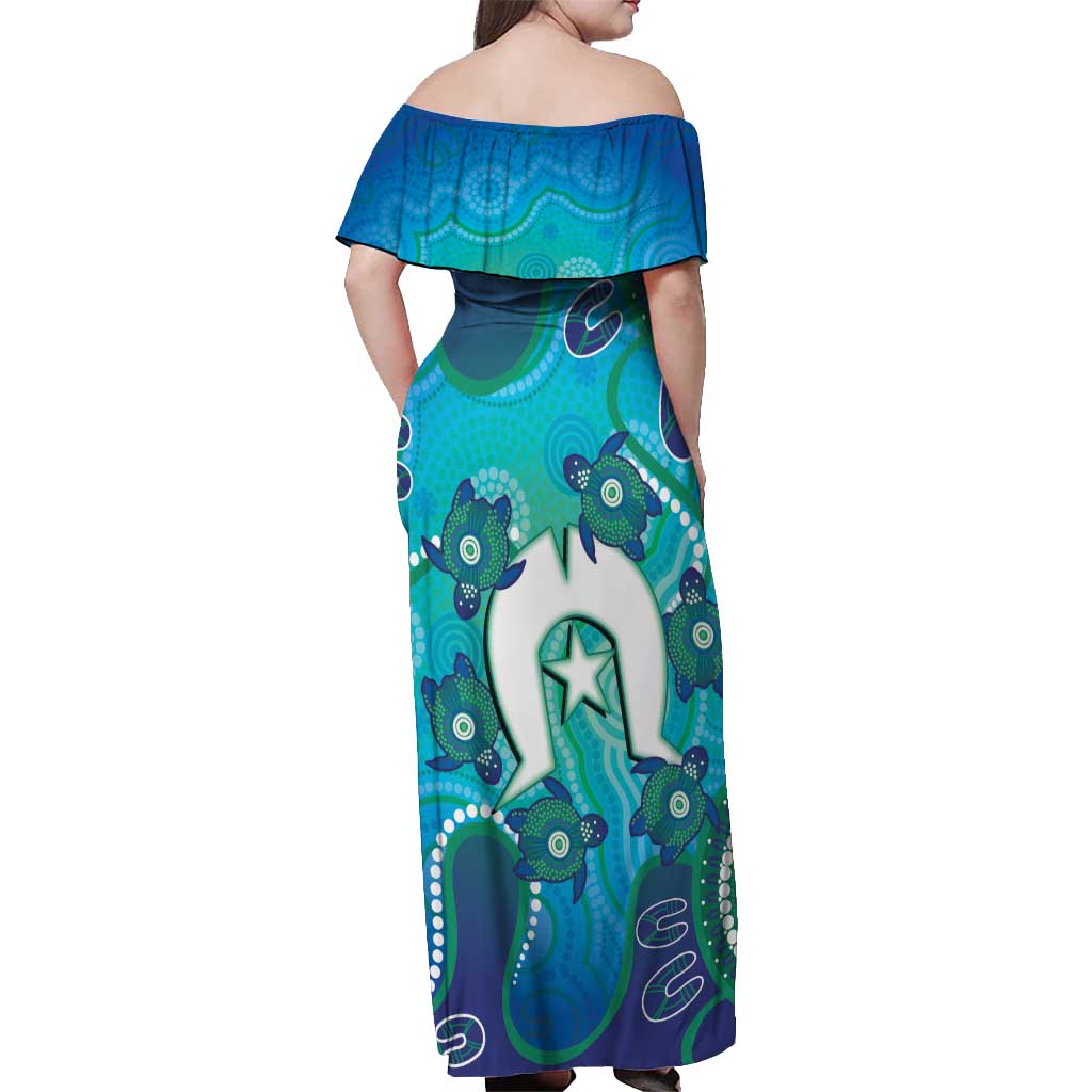 Torres Strait Islanders Flag Day Off Shoulder Maxi Dress Dhari With Turtles Aboriginal Art