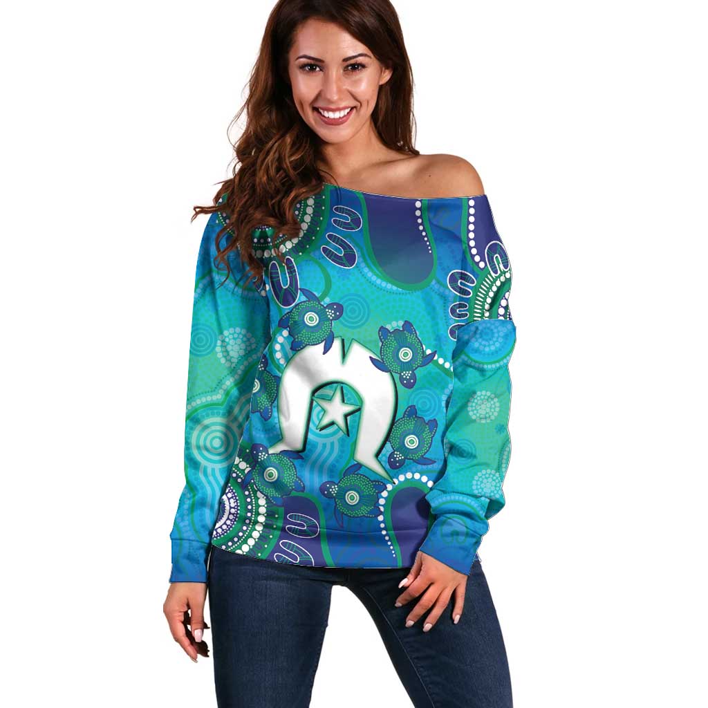 Torres Strait Islanders Flag Day Off Shoulder Sweater Dhari With Turtles Aboriginal Art
