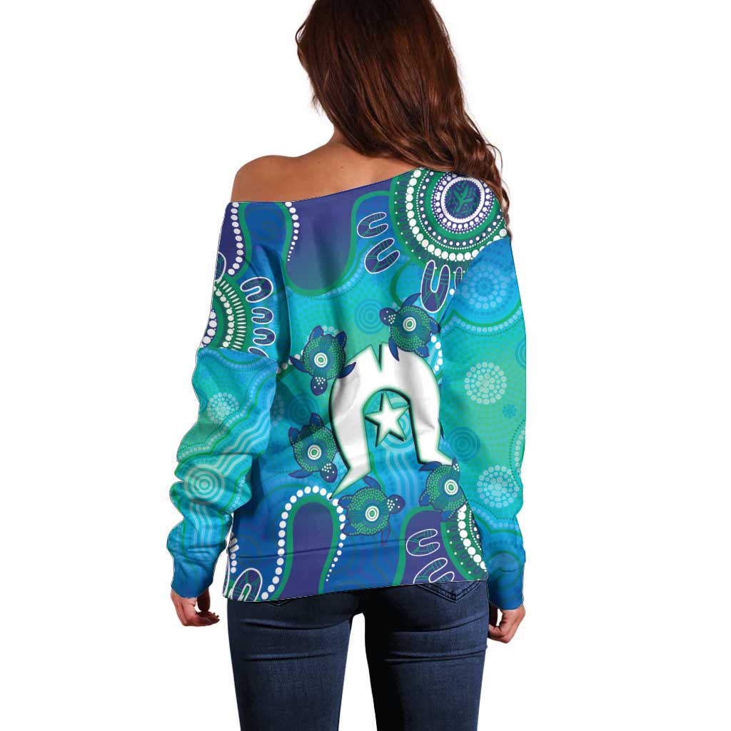 Torres Strait Islanders Flag Day Off Shoulder Sweater Dhari With Turtles Aboriginal Art