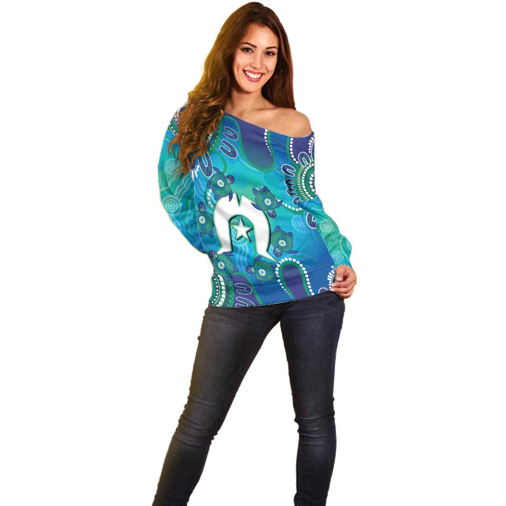 Torres Strait Islanders Flag Day Off Shoulder Sweater Dhari With Turtles Aboriginal Art
