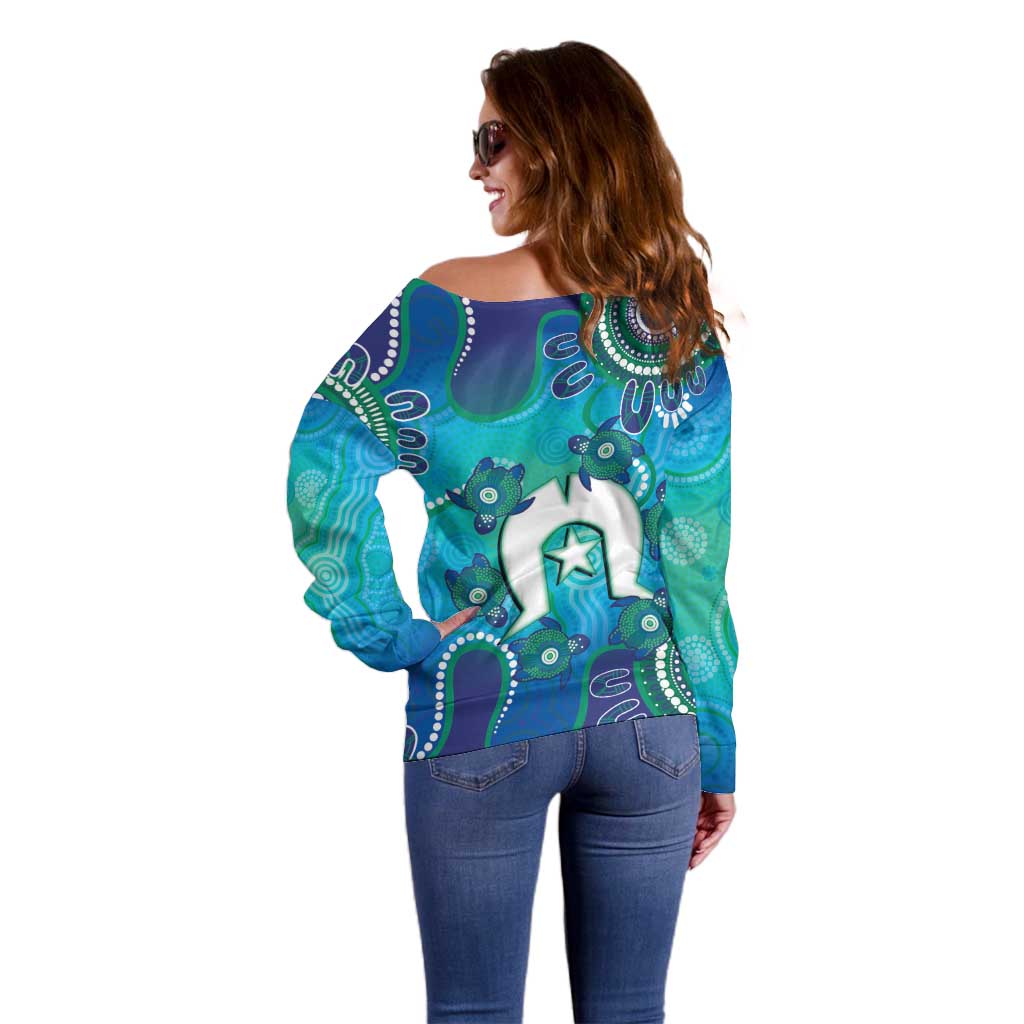 Torres Strait Islanders Flag Day Off Shoulder Sweater Dhari With Turtles Aboriginal Art