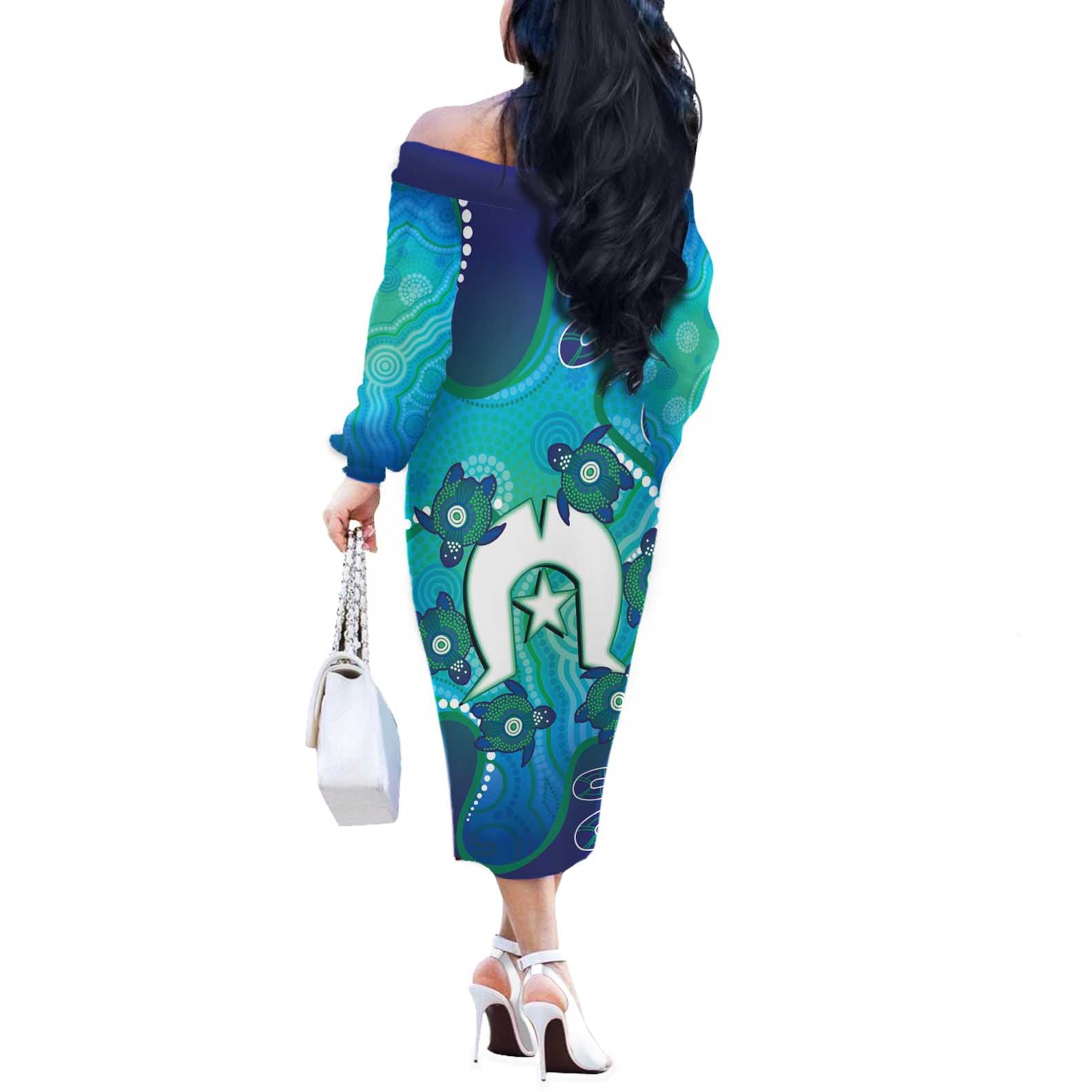 Torres Strait Islanders Flag Day Off The Shoulder Long Sleeve Dress Dhari With Turtles Aboriginal Art