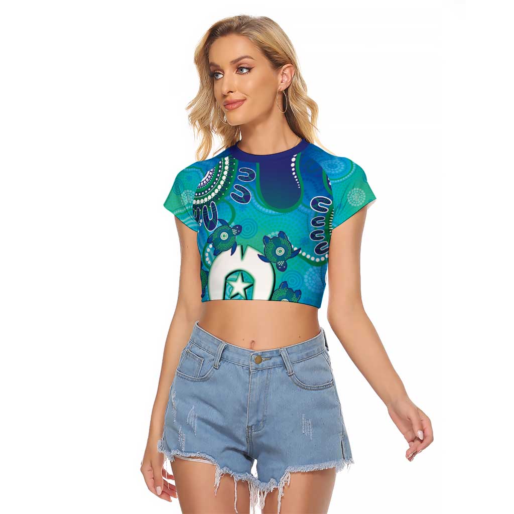 Torres Strait Islanders Flag Day Raglan Cropped T Shirt Dhari With Turtles Aboriginal Art