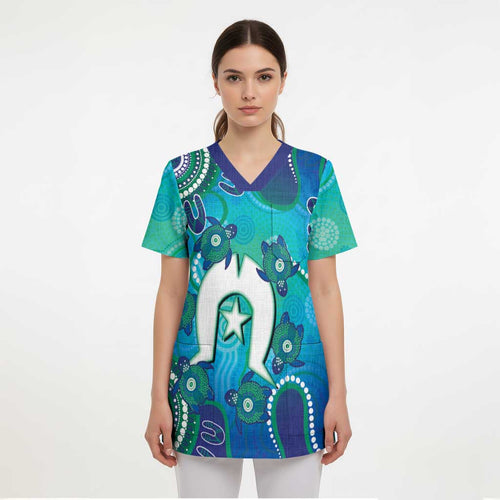 Torres Strait Islanders Flag Day Scrub Top Dhari With Turtles Aboriginal Art - Aussie Hoodie