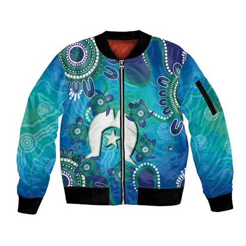 Torres Strait Islanders Flag Day Sleeve Zip Bomber Jacket Dhari With Turtles Aboriginal Art