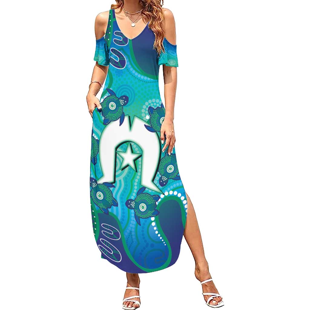 Torres Strait Islanders Flag Day Summer Maxi Dress Dhari With Turtles Aboriginal Art
