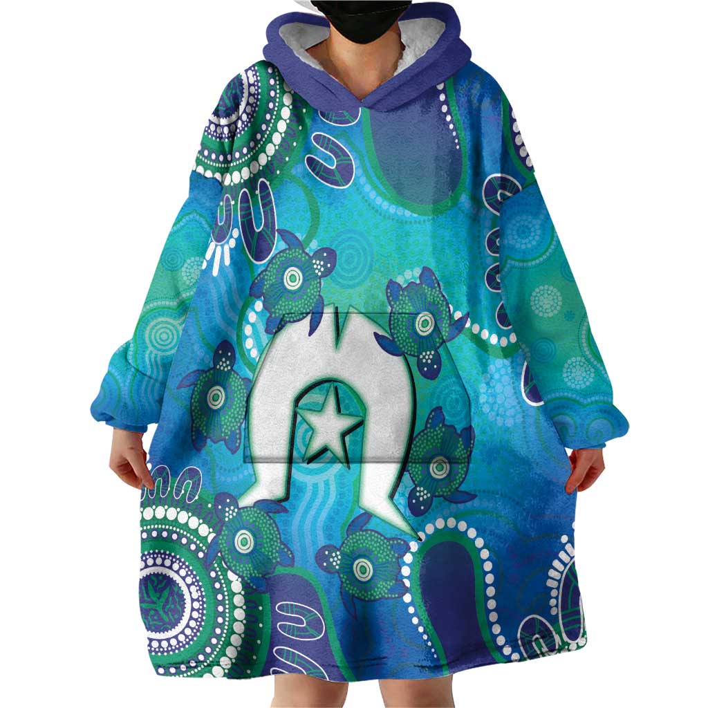 Torres Strait Islanders Flag Day Wearable Blanket Hoodie Dhari With Turtles Aboriginal Art