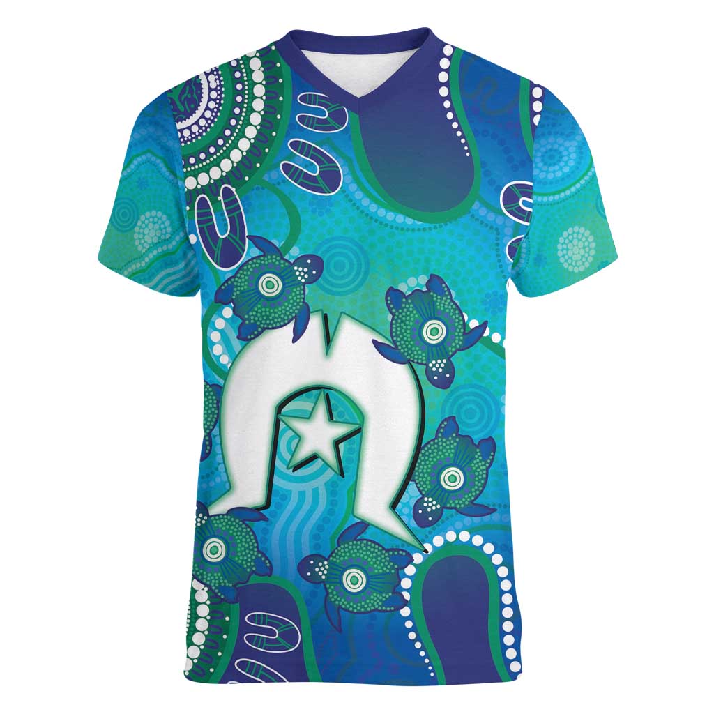 Torres Strait Islanders Flag Day Women V-Neck T-Shirt Dhari With Turtles Aboriginal Art