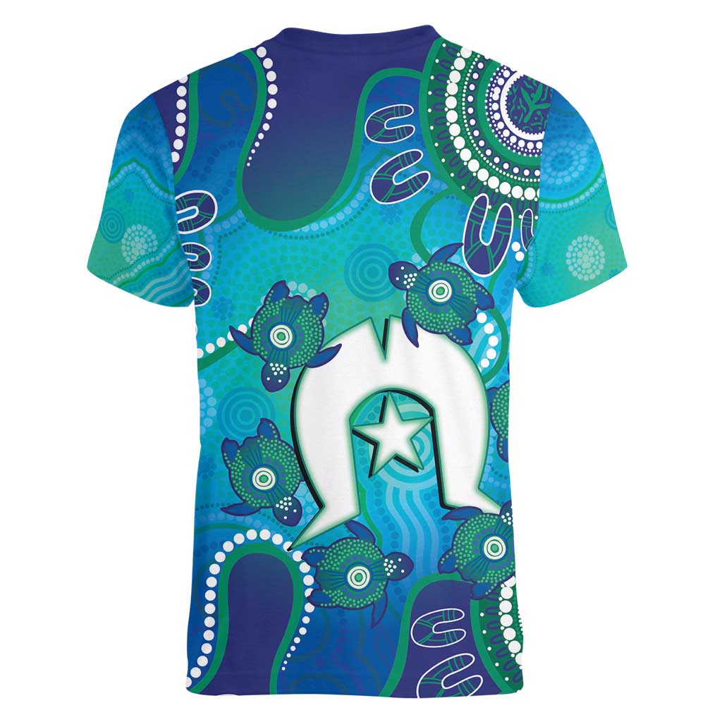 Torres Strait Islanders Flag Day Women V-Neck T-Shirt Dhari With Turtles Aboriginal Art