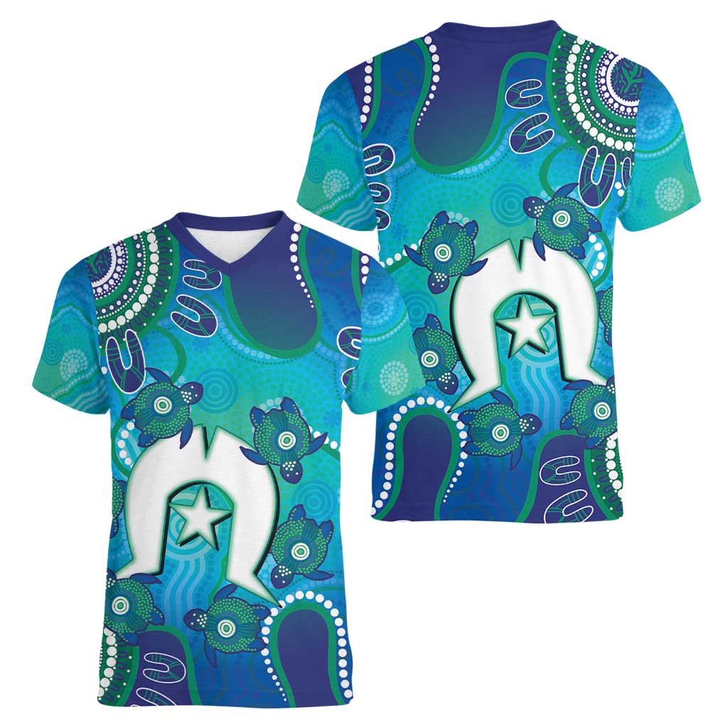 Torres Strait Islanders Flag Day Women V-Neck T-Shirt Dhari With Turtles Aboriginal Art