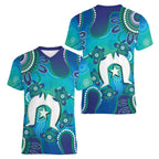 Torres Strait Islanders Flag Day Women V-Neck T-Shirt Dhari With Turtles Aboriginal Art