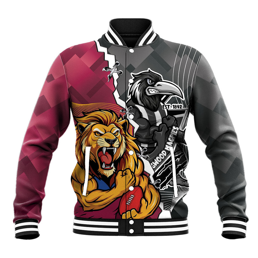 Personalised Collingwood and Brisbane Lions Baseball Jacket Dynamic Mascots Together