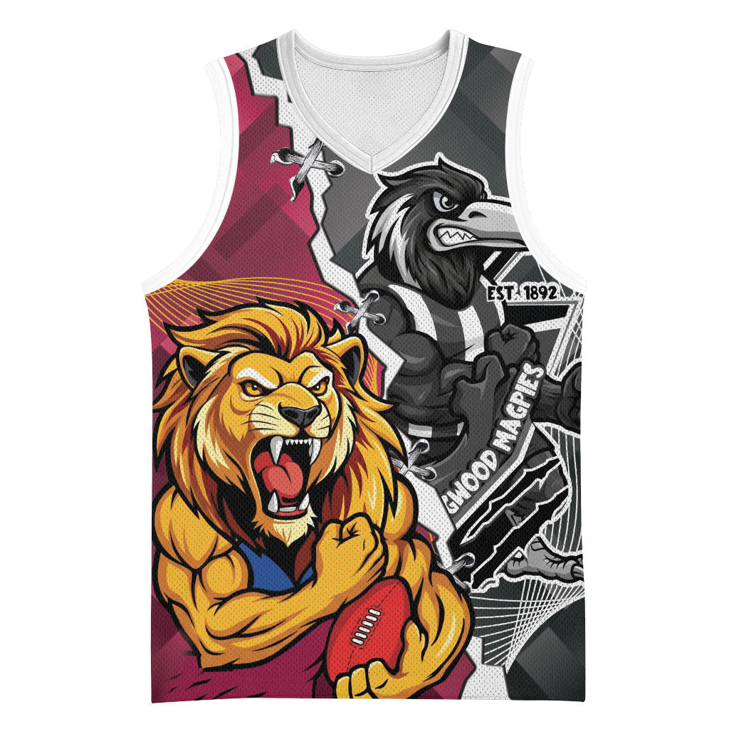 Personalised Collingwood and Brisbane Lions Basketball Jersey Dynamic Mascots Together