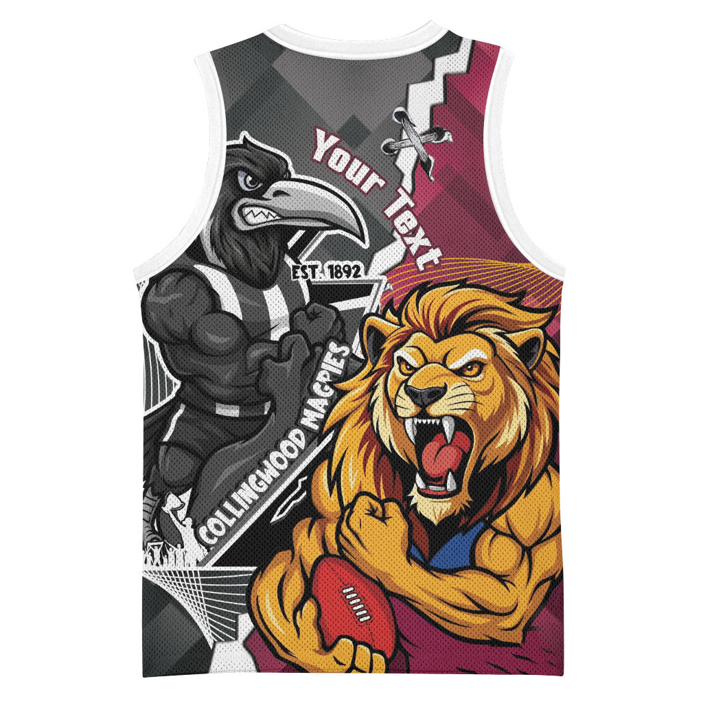 Personalised Collingwood and Brisbane Lions Basketball Jersey Dynamic Mascots Together