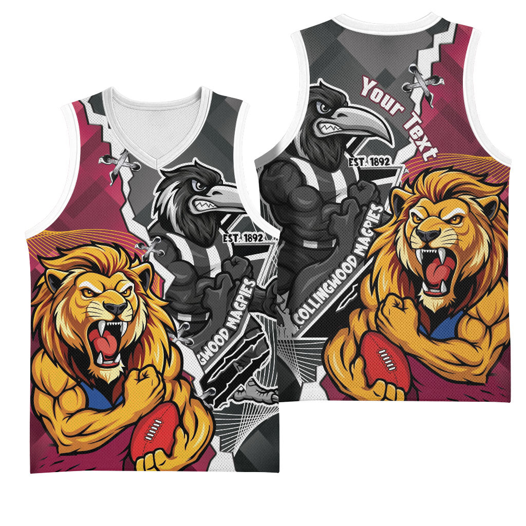 Personalised Collingwood and Brisbane Lions Basketball Jersey Dynamic Mascots Together
