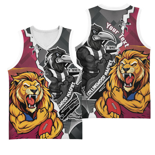 Personalised Collingwood and Brisbane Lions Basketball Jersey Dynamic Mascots Together